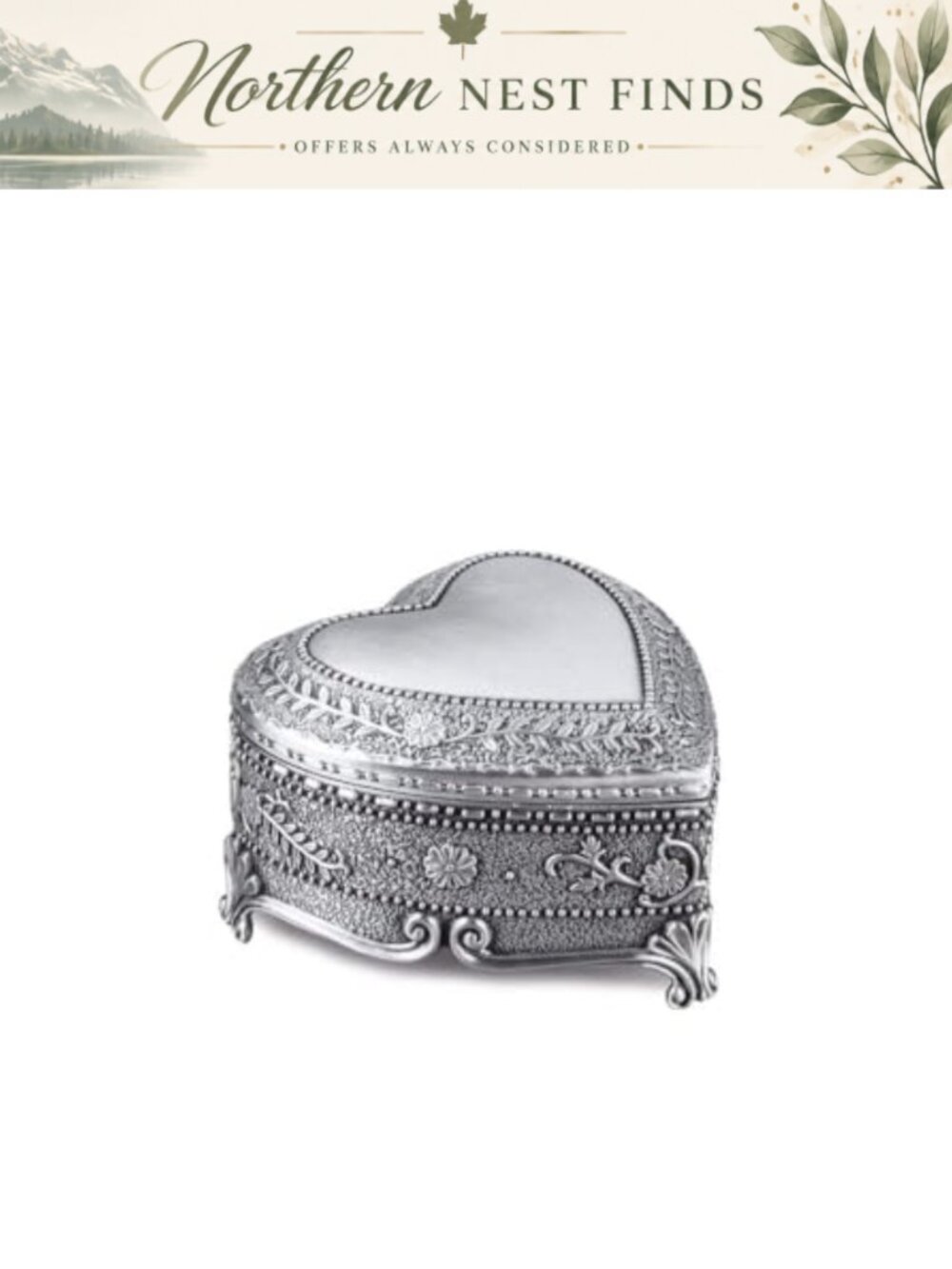 Vintage Heart Shaped Jewelry Box Zinc Alloy Floral Engraved Trinket Organizer